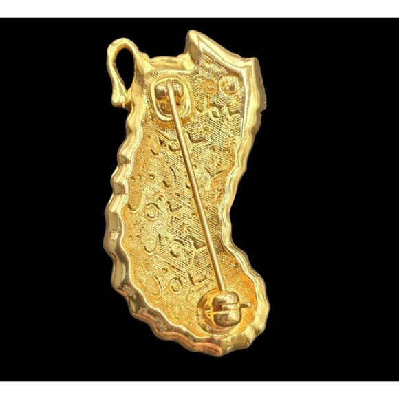 VTG Swarovski Crystal Christmas Stocking Pin Brooch Holiday Gold Tone Gems 1.5" - Picture 6 of 13